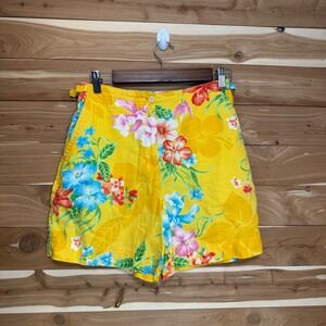 Lauren Ralph Lauren Floral 100% Linen Shorts Tropical Print Yellow Womens Sz 4 P